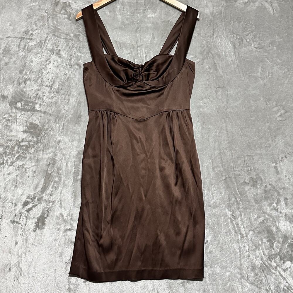 Suzy Chin Maggie Boutique Brown Satin Rouched Evening Cocktail Dress Petite 8P‎